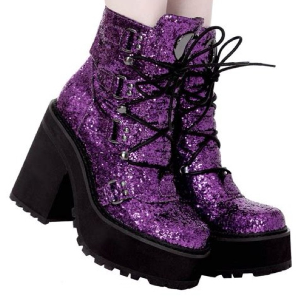 Killstar Broom Rider Purple Glitter Heeled platform Boots size 6 - Picture 2 of 8